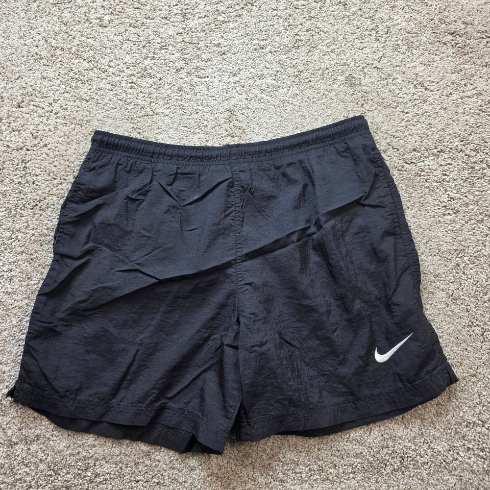 VINTAGE Nike Nylon Track Shorts Kids Large 14-16 Black Graphic Swoosh 90s Run